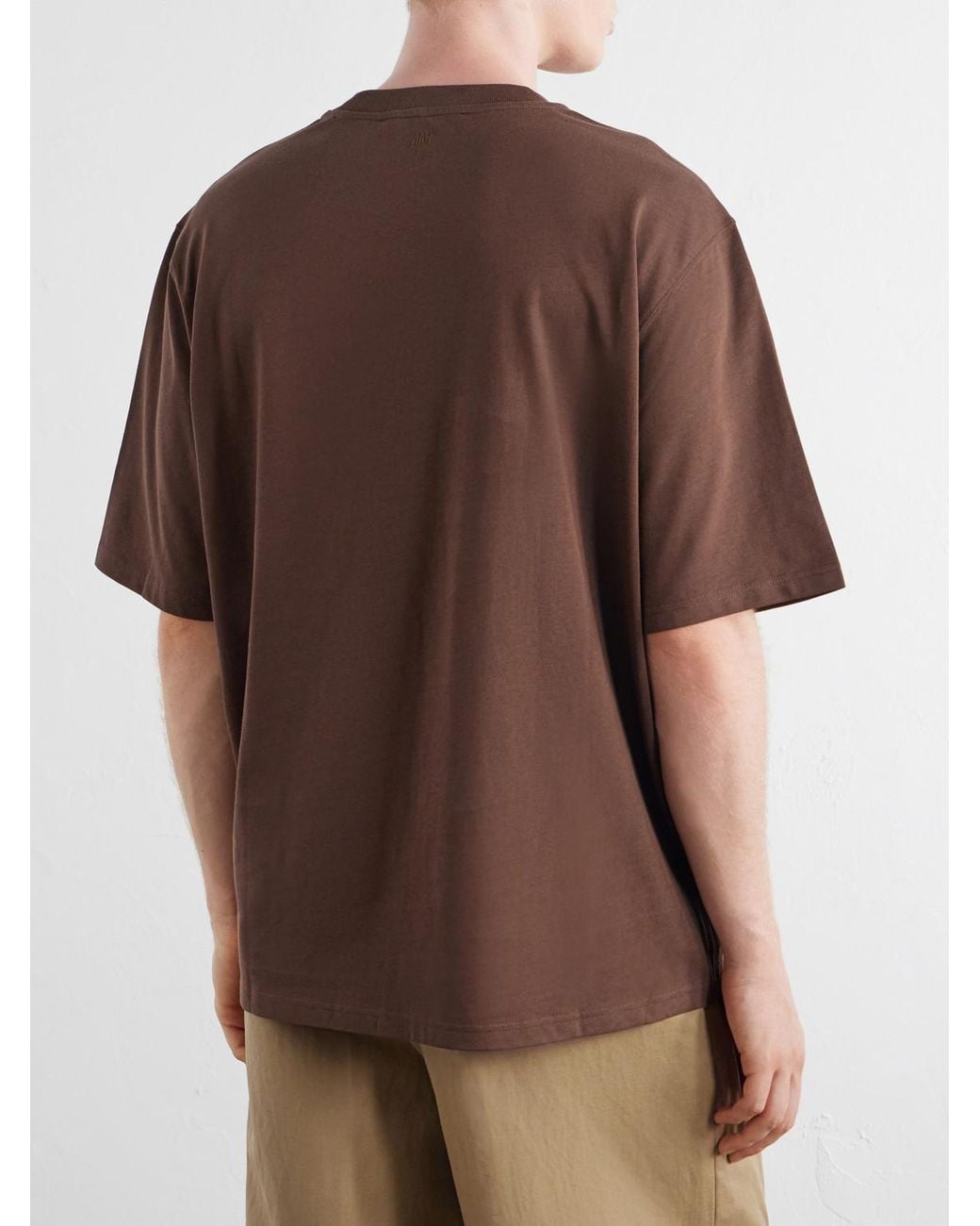 AMI Brown Logo-Embroidered Cotton-Jersey T-Shirt for men