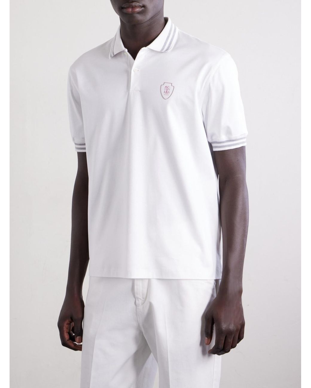 Brunello Cucinelli White Logo-Appliquéd Striped Cotton-Jersey Polo Shirt for men