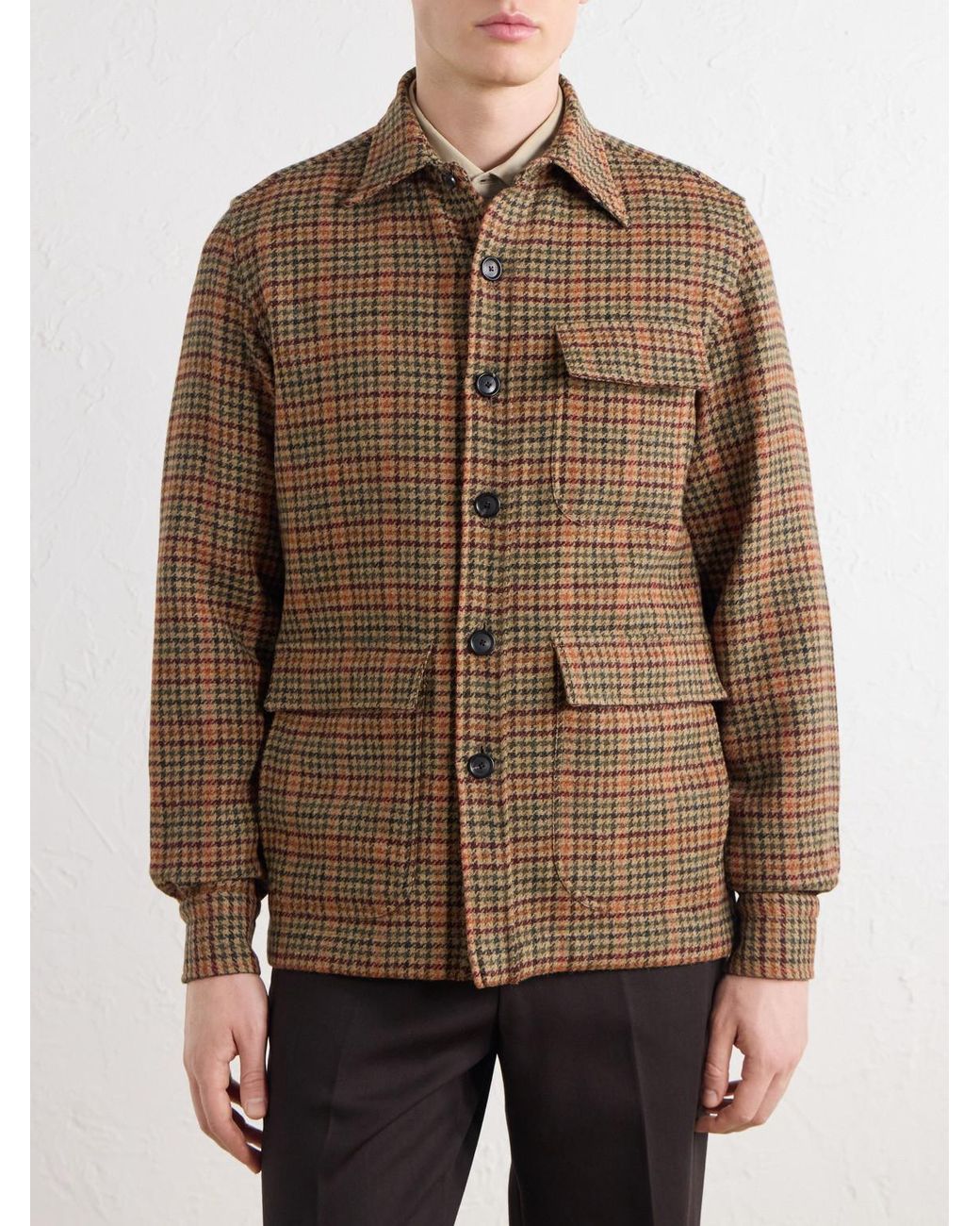 De Petrillo Brown Houndstooth Virgin Wool Overshirt for men