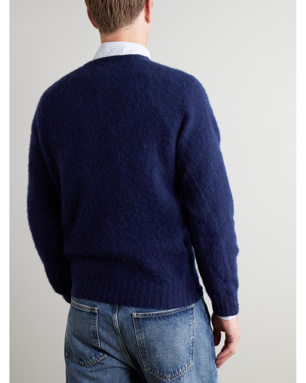 Drake's Blue Brushed Shetland Wool Sweater for men