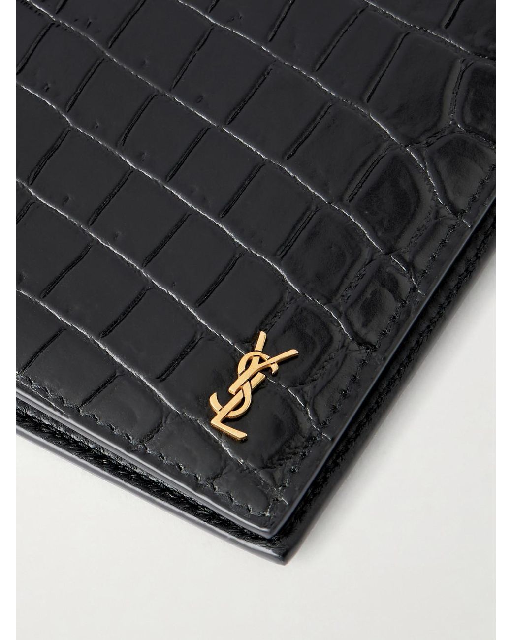 Saint Laurent Black Tiny Cassandre Logo-Appliquéd Croc-Effect Leather Bifold Wallet for men