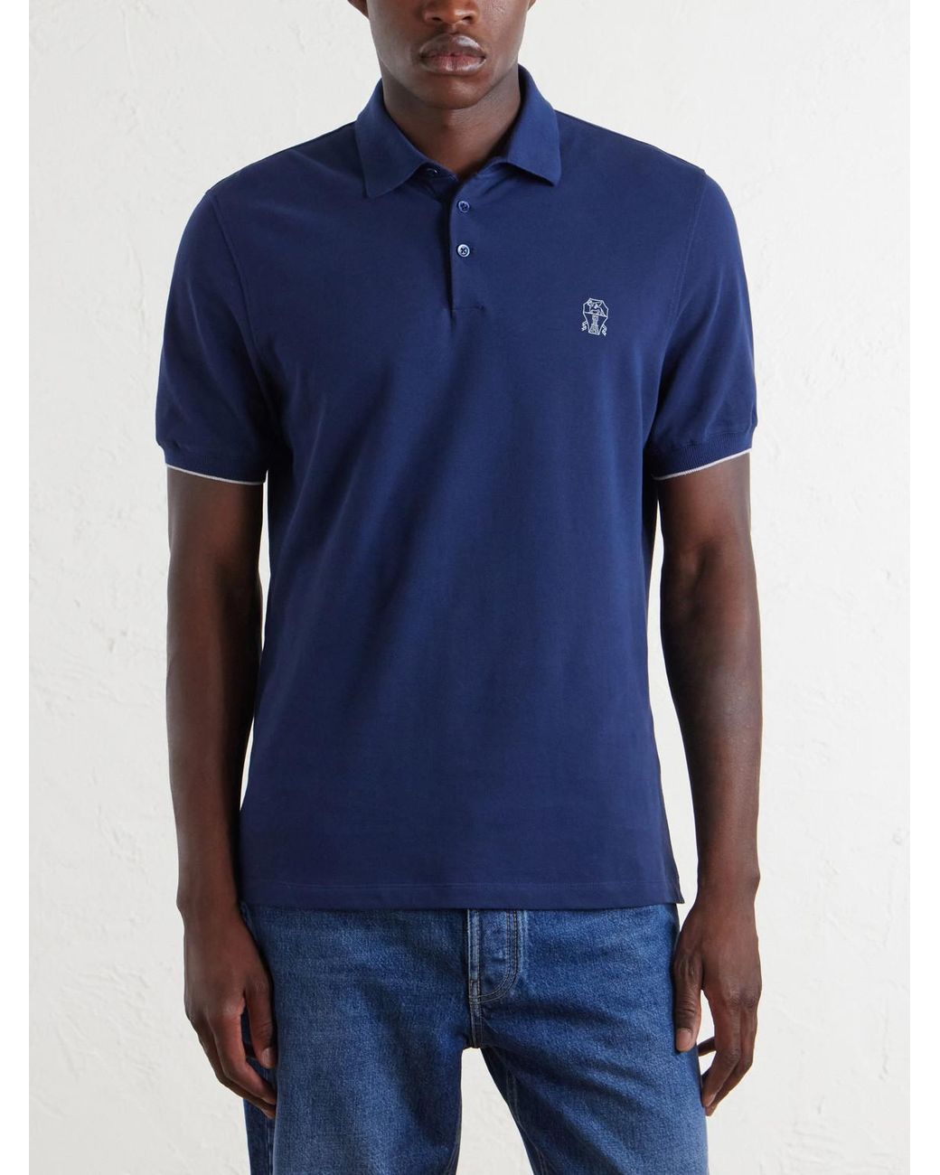 Brunello Cucinelli Blue Logo-Print Cotton-Piqué Polo Shirt for men