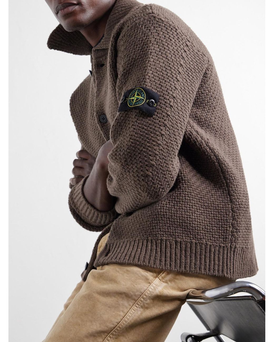 Stone Island Brown Basket-Stitch Wool-Blend Cardigan for men