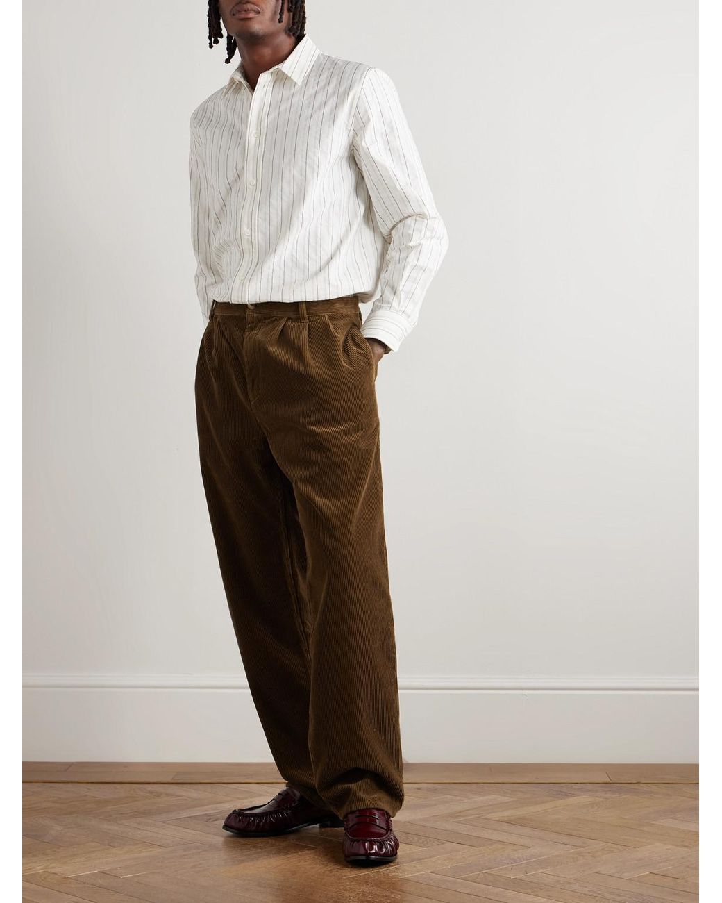 Saint Laurent Brown Straight-leg Pleated Cotton-corduroy Trousers for men