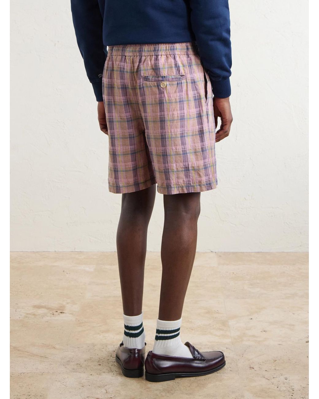 Drake's Pink Straight-Leg Checked Linen And Cotton-Blend Drawstring Shorts for men