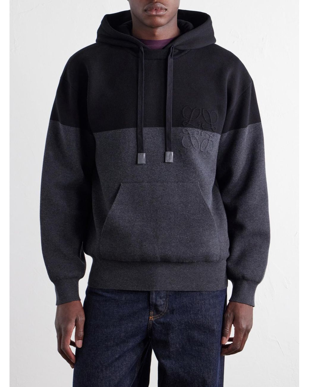 Loewe Blue Anagram-Embossed Leather-Trimmed Cotton-Jersey Hoodie for men