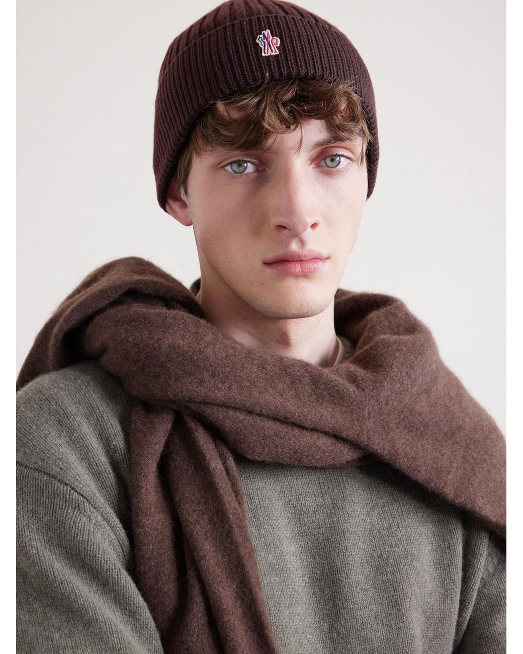 Moncler Brown Logo-Appliquéd Ribbed Virgin Wool Beanie for men