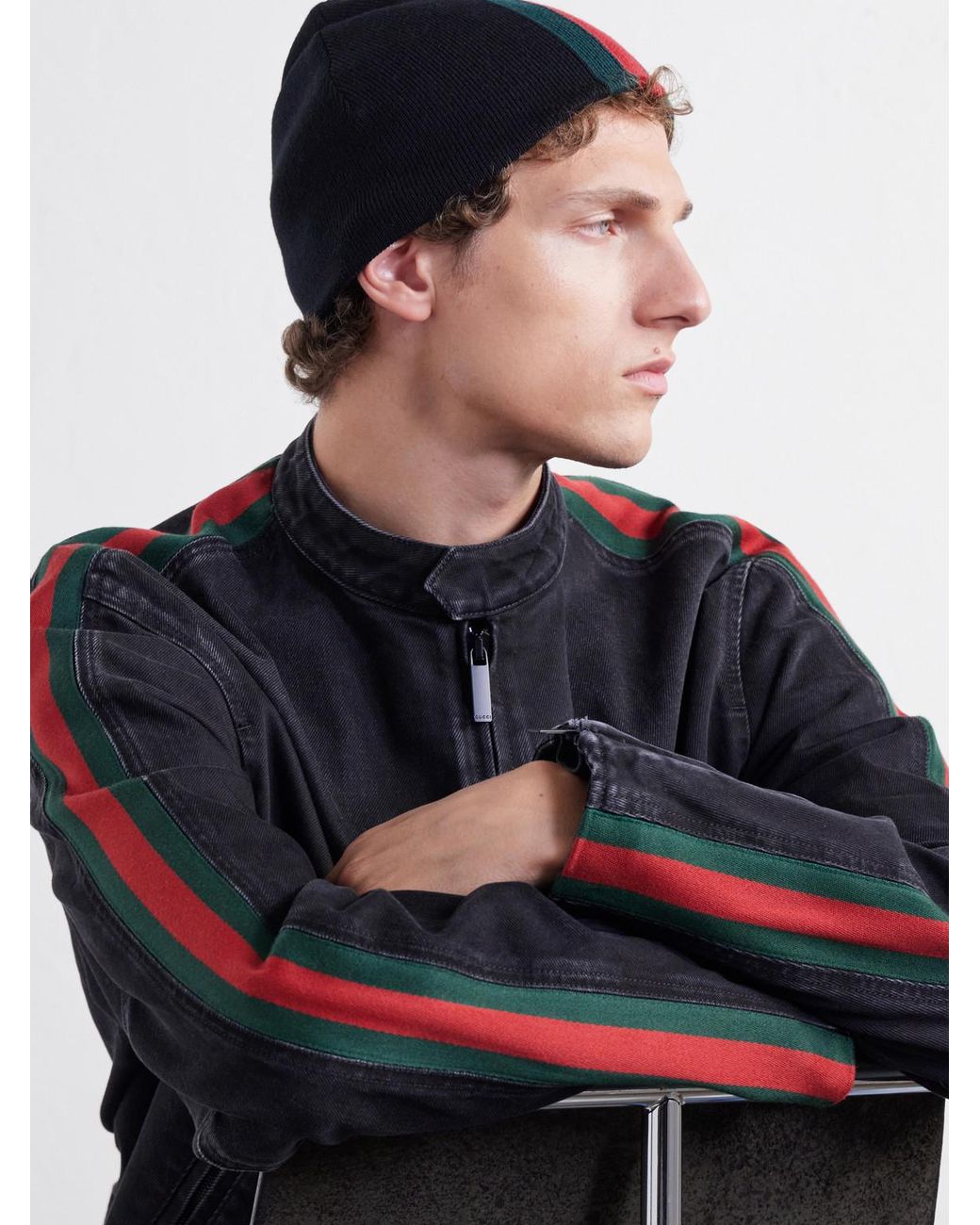 Gucci Blue Web Striped Wool Beanie for men