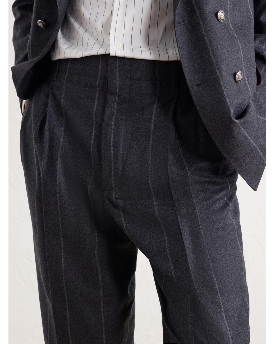 Brunello Cucinelli Blue Straight-Leg Pinstriped Pleated Wool, Silk And Cashmere-Blend Flannel Suit Trousers for men