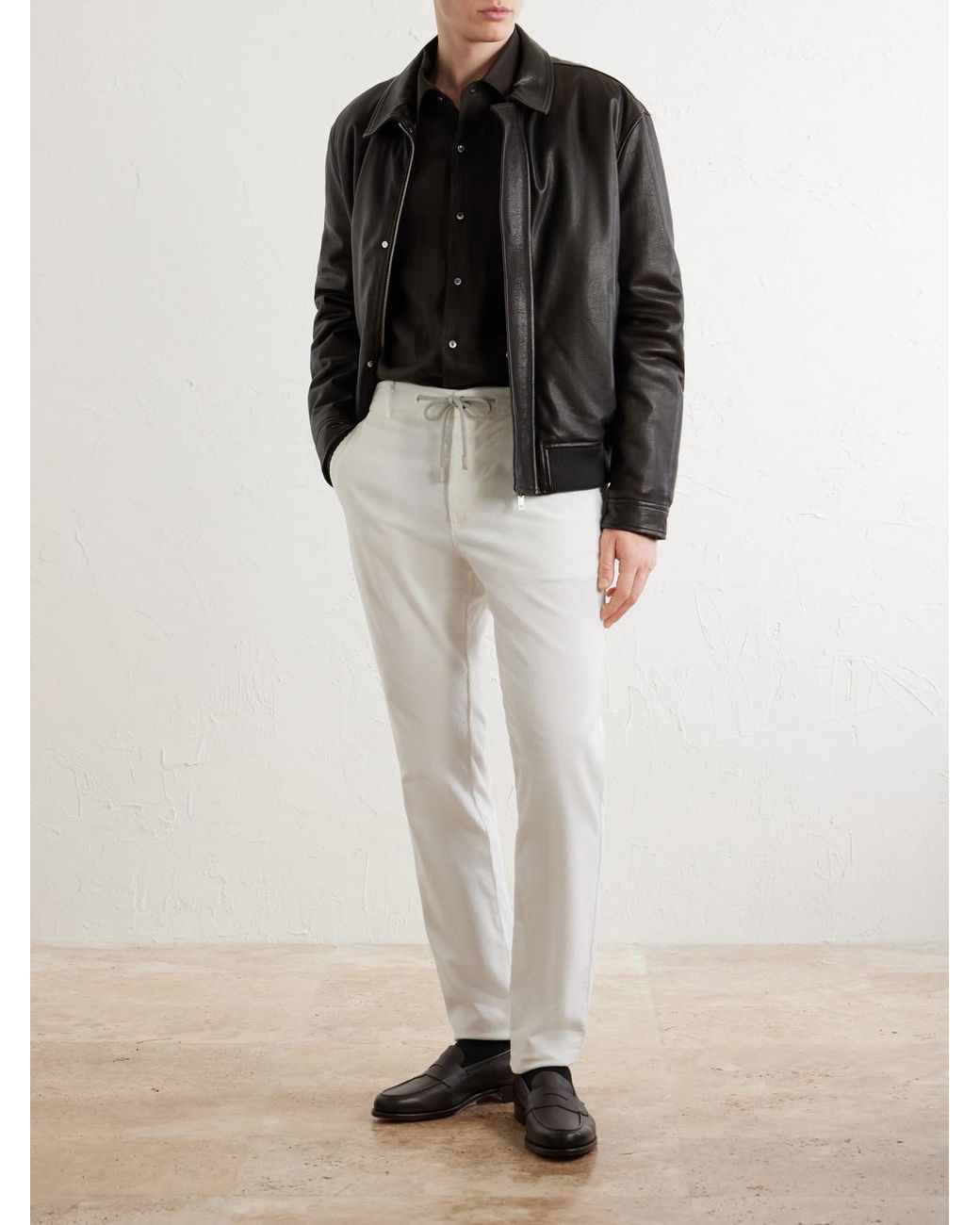 Eleventy White Straight-Leg Cotton-Blend Corduroy Drawstring Trousers for men