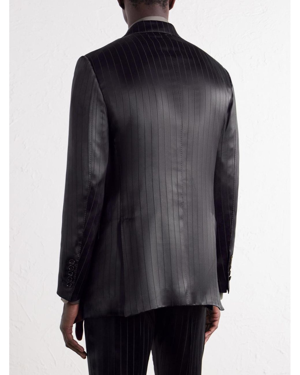 Tom Ford Black Double-Breasted Pinstriped Satin Suit Jacket for men
