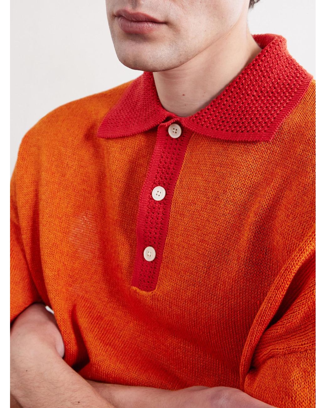 A Kind Of Guise Orange Open-knit Organic Cotton And Linen-blend Polo Shirt for men