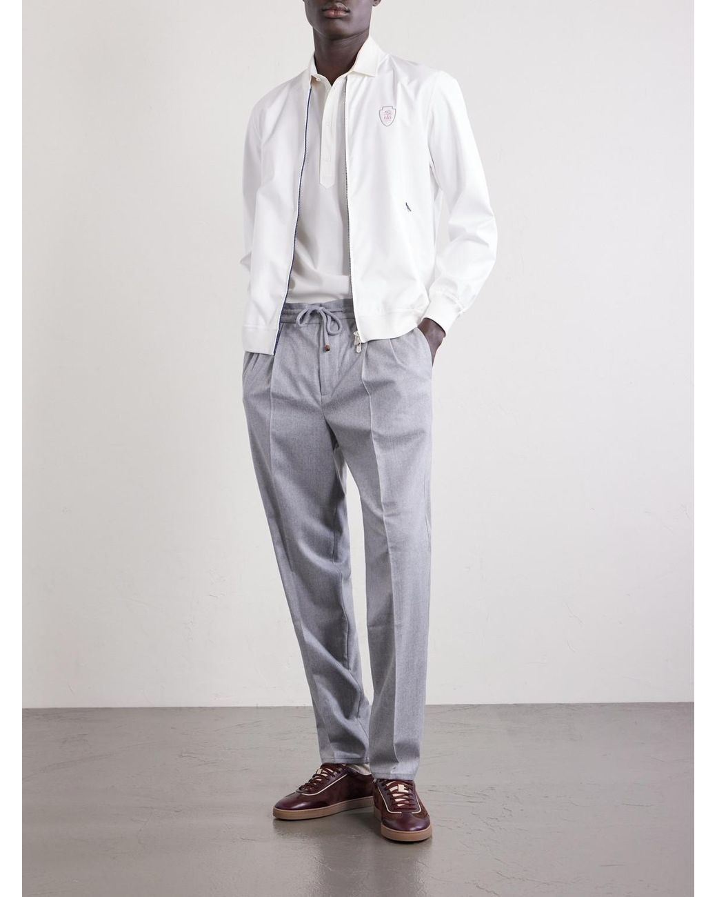 Brunello Cucinelli White Logo-Appliquéd Wool Polo Shirt for men