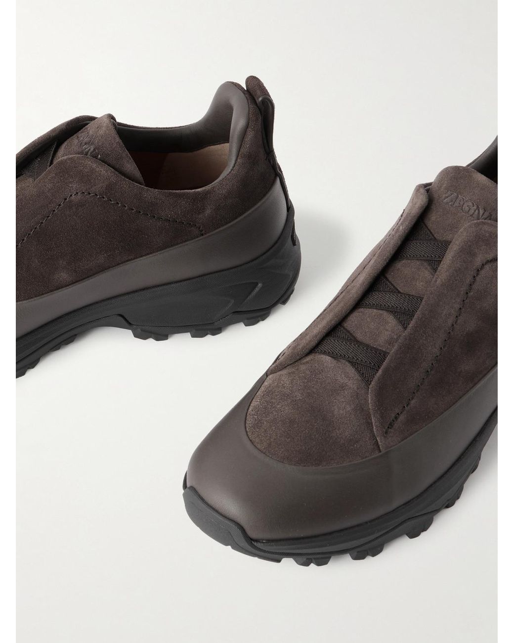 Zegna Brown Triple Stitch Monte Rubber-Trimmed Suede Slip-On Sneakers for men