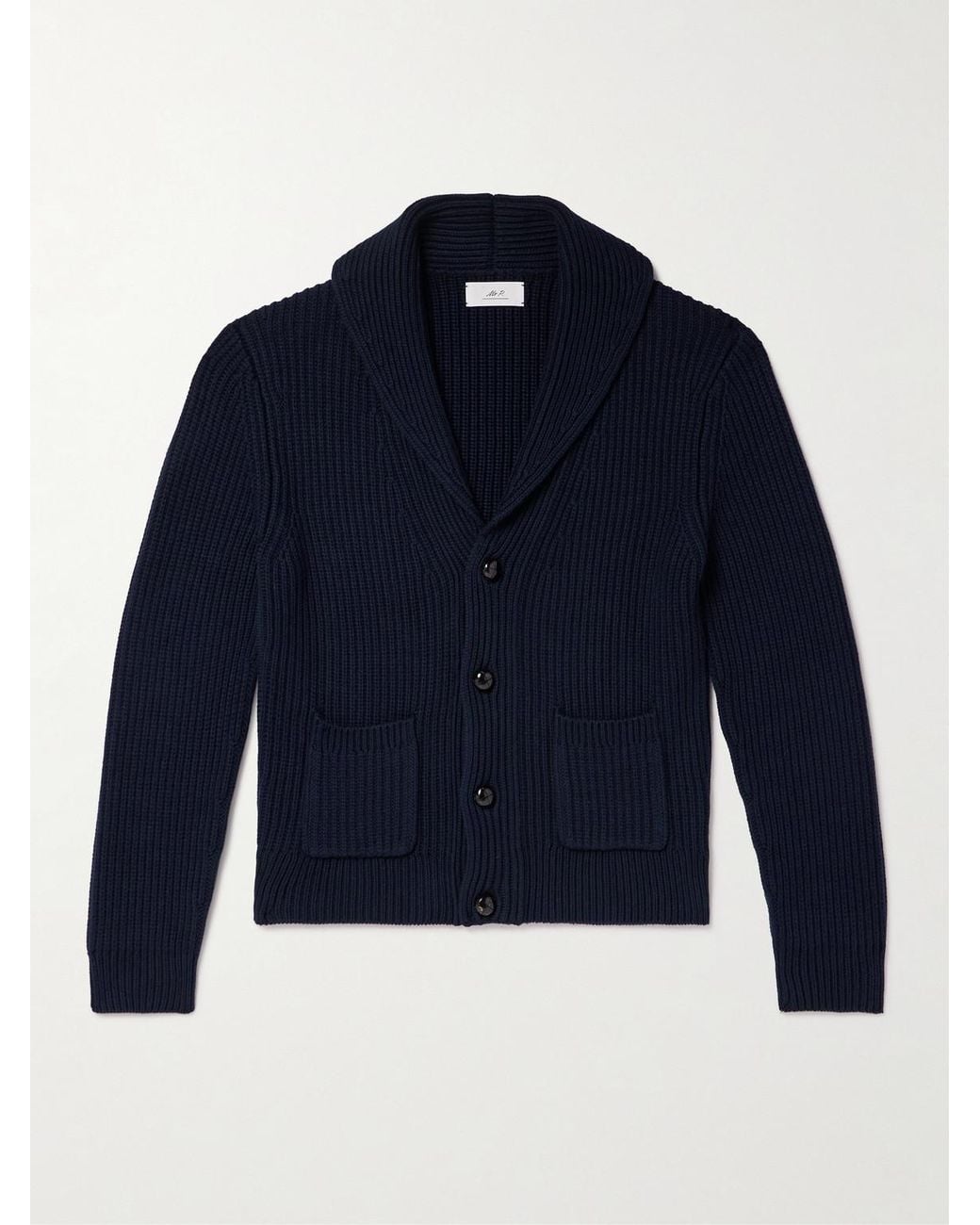 Mr P. Blue Shawl-Collar Ribbed Cotton And Cashmere-Blend Cardigan for men