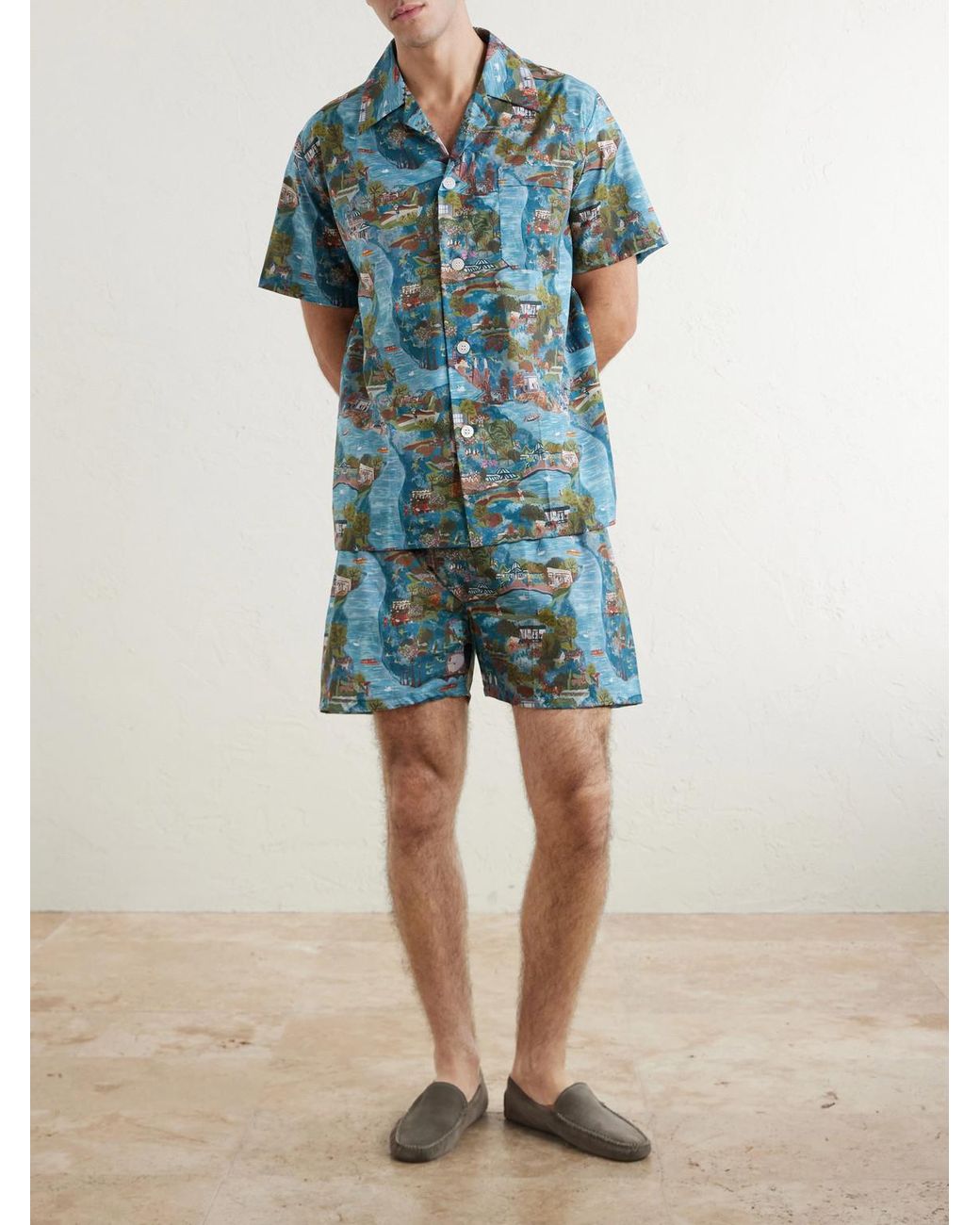Derek Rose Blue Ledbury 100 Printed Cotton Pyjama Set for men