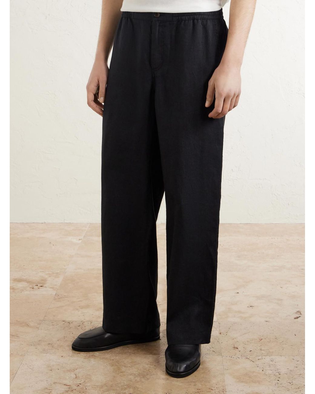 Mr P. Black Arthur Wide-Leg Linen Drawstring Trousers for men