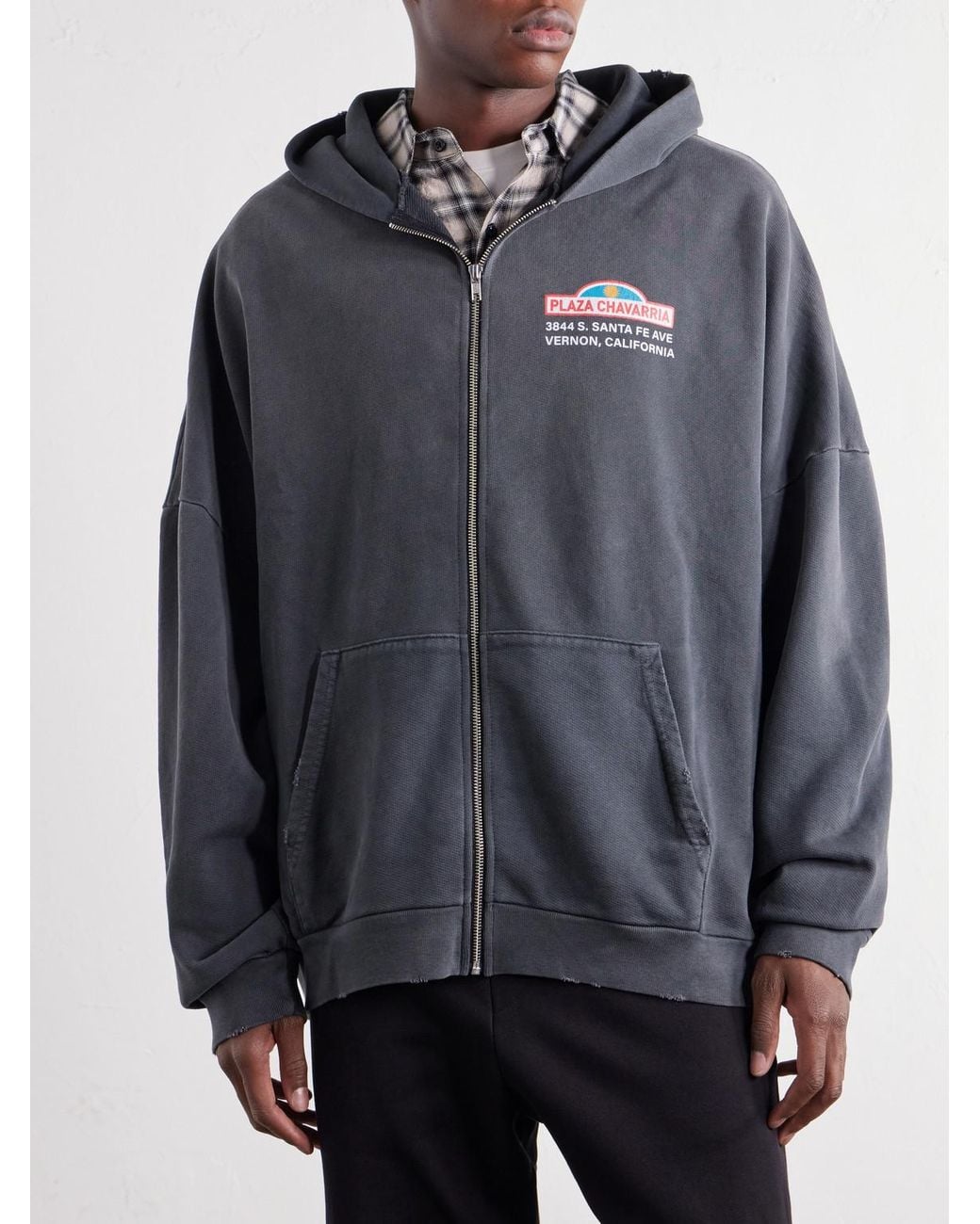 Willy Chavarria Gray Plaza Chavarria Logo-Print Distressed Cotton-Jersey Zip-Up Hoodie for men