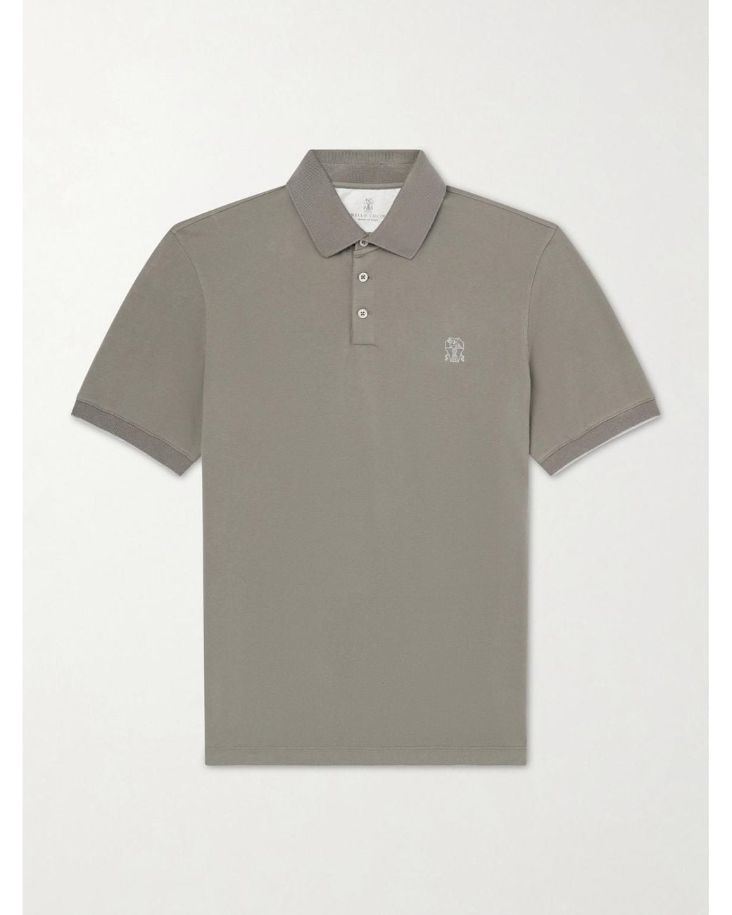 Brunello Cucinelli Gray Logo-Print Cotton-Piqué Polo Shirt for men