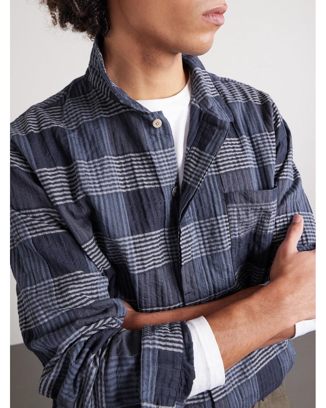 Folk Blue Patch Checked Cotton-Blend Shirt for men