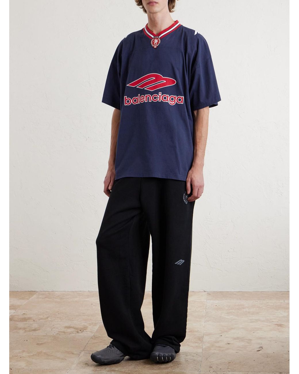 Balenciaga Blue Oversized Embroidered Printed Cotton-Jersey T-Shirt for men
