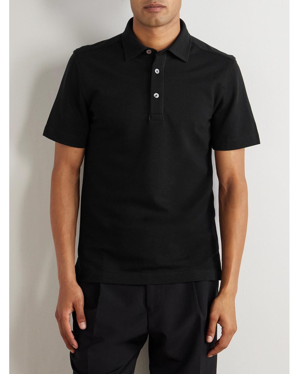 Zegna Black Leather-Trimmed Cotton-Piqué Polo Shirt for men
