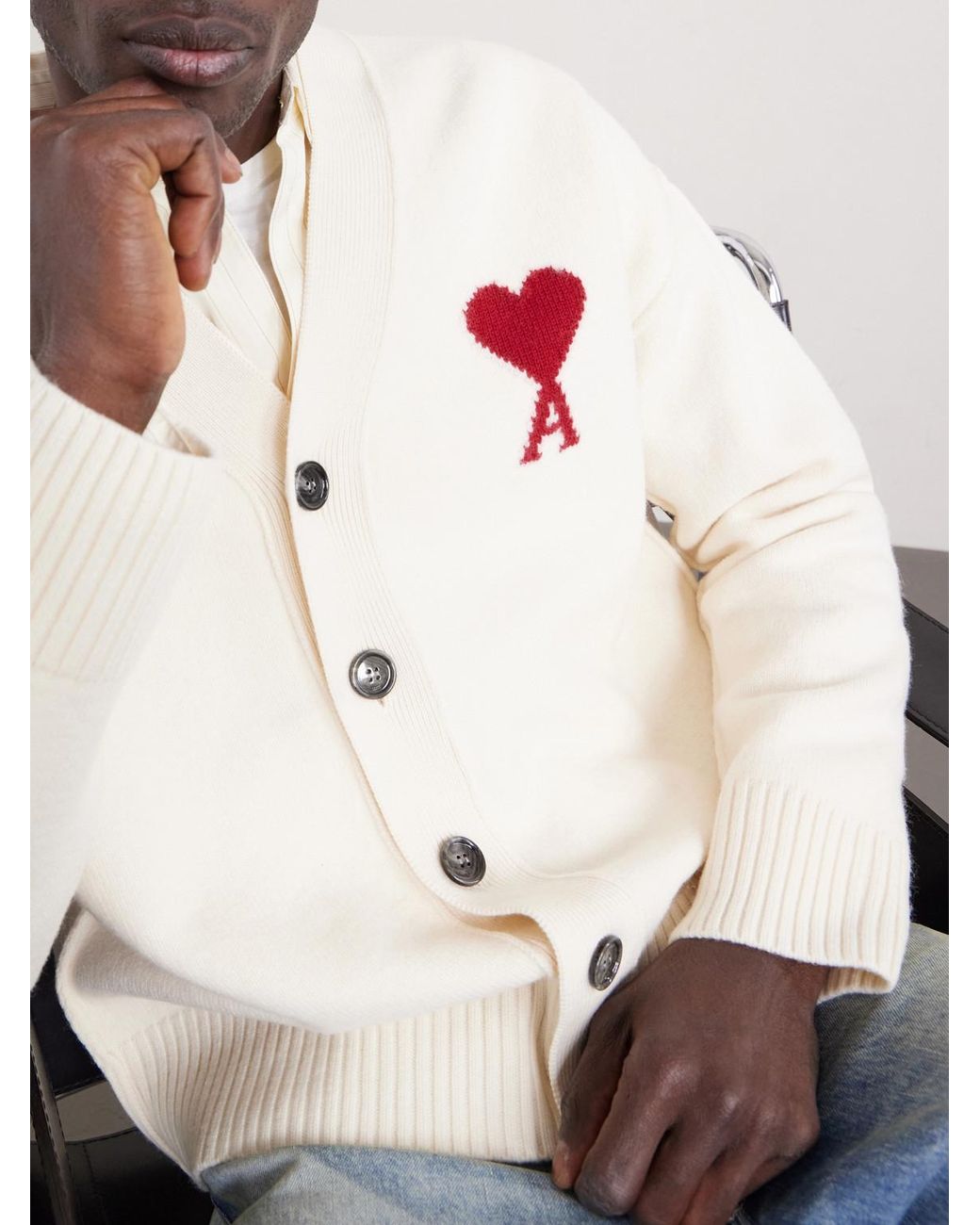 AMI Natural Logo-Intarsia Merino Wool Cardigan for men