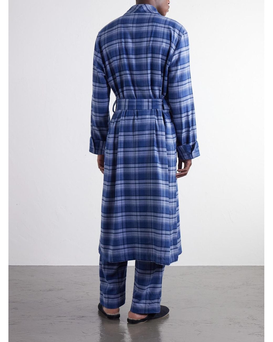 Derek Rose Blue Kelburn Belted Checked Brushed Cotton-Flannel Robe for men