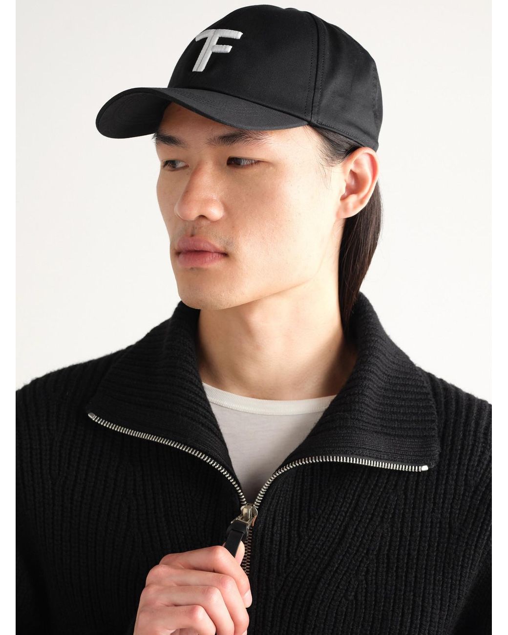 Tom Ford Black Logo-Embroidered Leather-Trimmed Cotton-Twill Baseball Cap for men