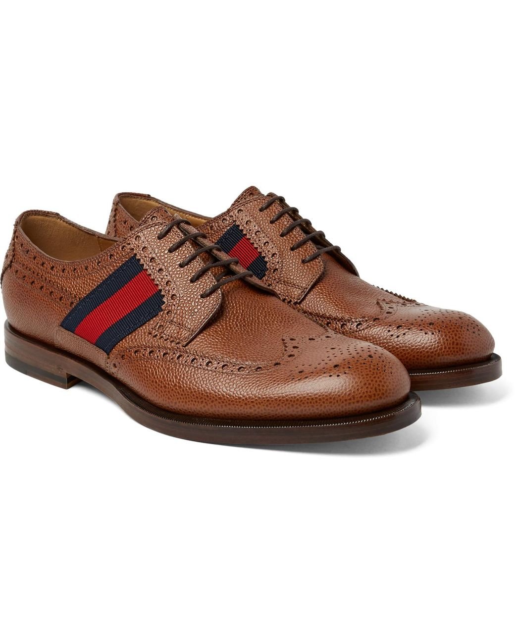 Gucci - Webbing-trimmed Pebble-grain Leather Wingtip Brogues - Tan in Brown  for Men | Lyst