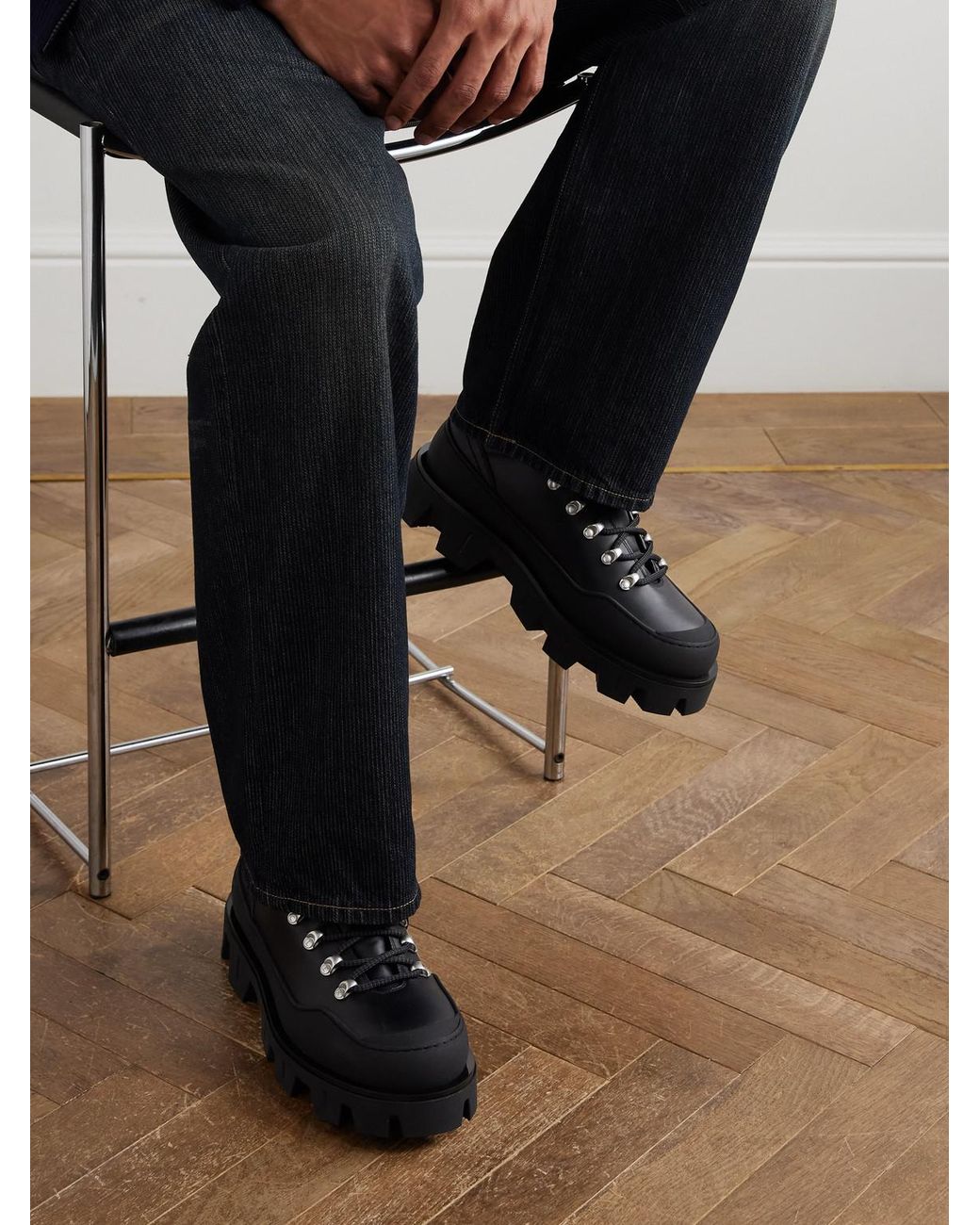 Moncler Black Peak Rubber-Trimmed Leather Hiking Boots for men