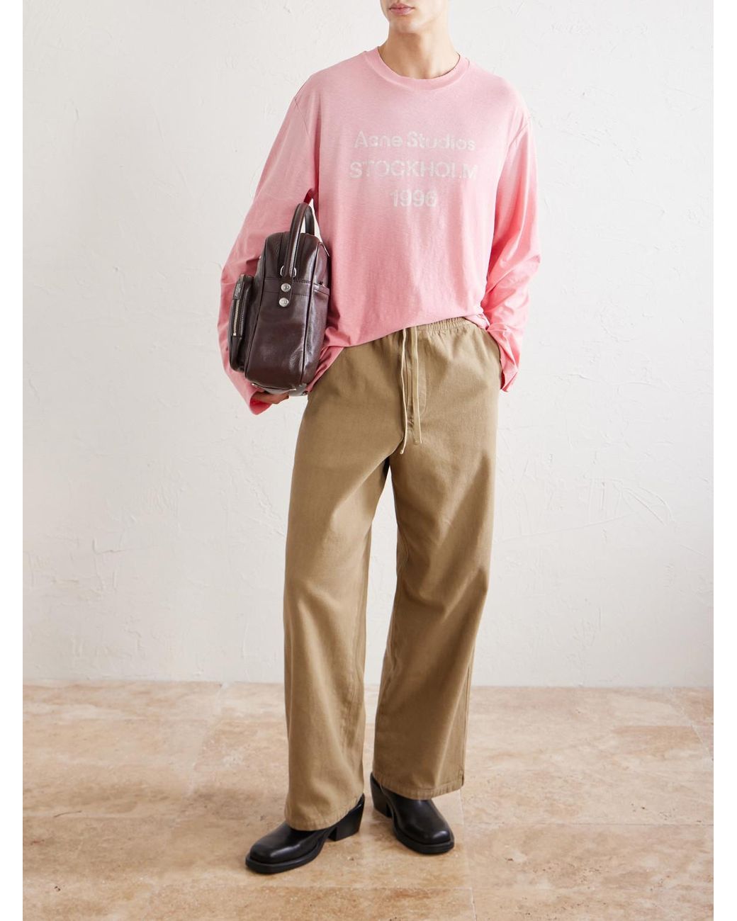 Acne Pink Edden U 1996 Logo-Print Distressed Cotton And Hemp-Blend T-Shirt for men
