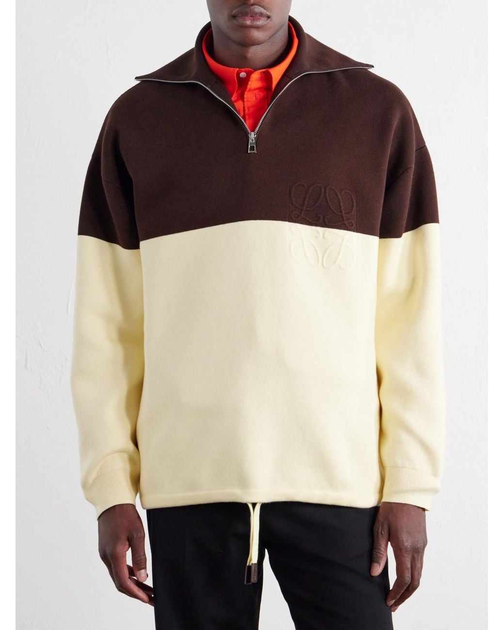 Loewe Brown Anagram-Embossed Two-Tone Cotton-Blend Jersey Half-Zip Sweater for men