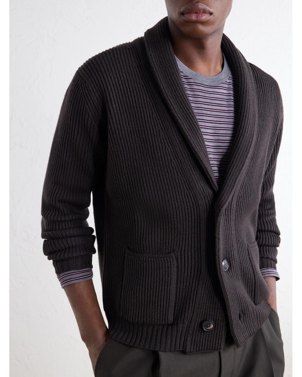 Thom Sweeney Black Shawl-Collar Ribbed Merino Wool Cardigan for men