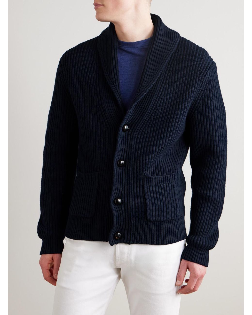 Mr P. Blue Shawl-Collar Ribbed Cotton And Cashmere-Blend Cardigan for men