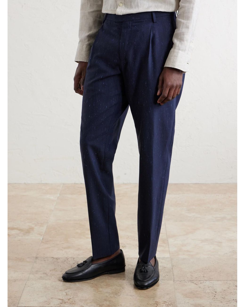 Mr P. Blue Slim-Fit Pleated Wool And Silk-Blend Dupioni Suit Trousers for men