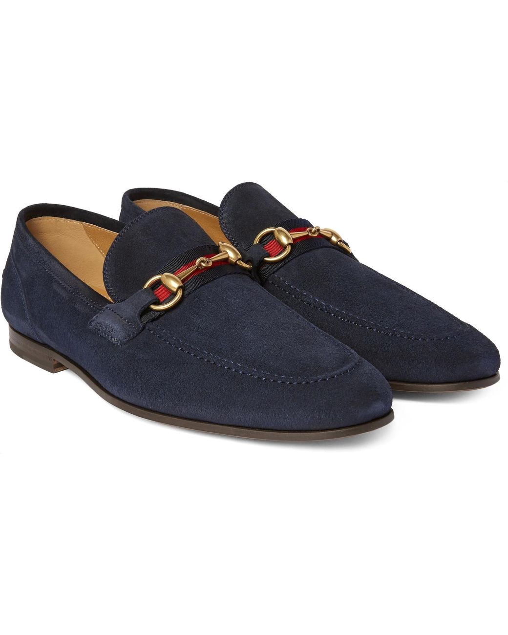 Gucci Horsebit Webbing trimmed Suede Loafers in Blue for Men Lyst