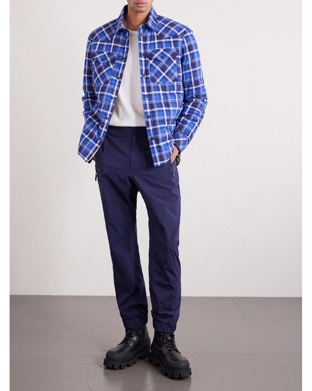Moncler Blue Gelt Quilted Checked Cotton-Blend Down Shirt Jacket for men