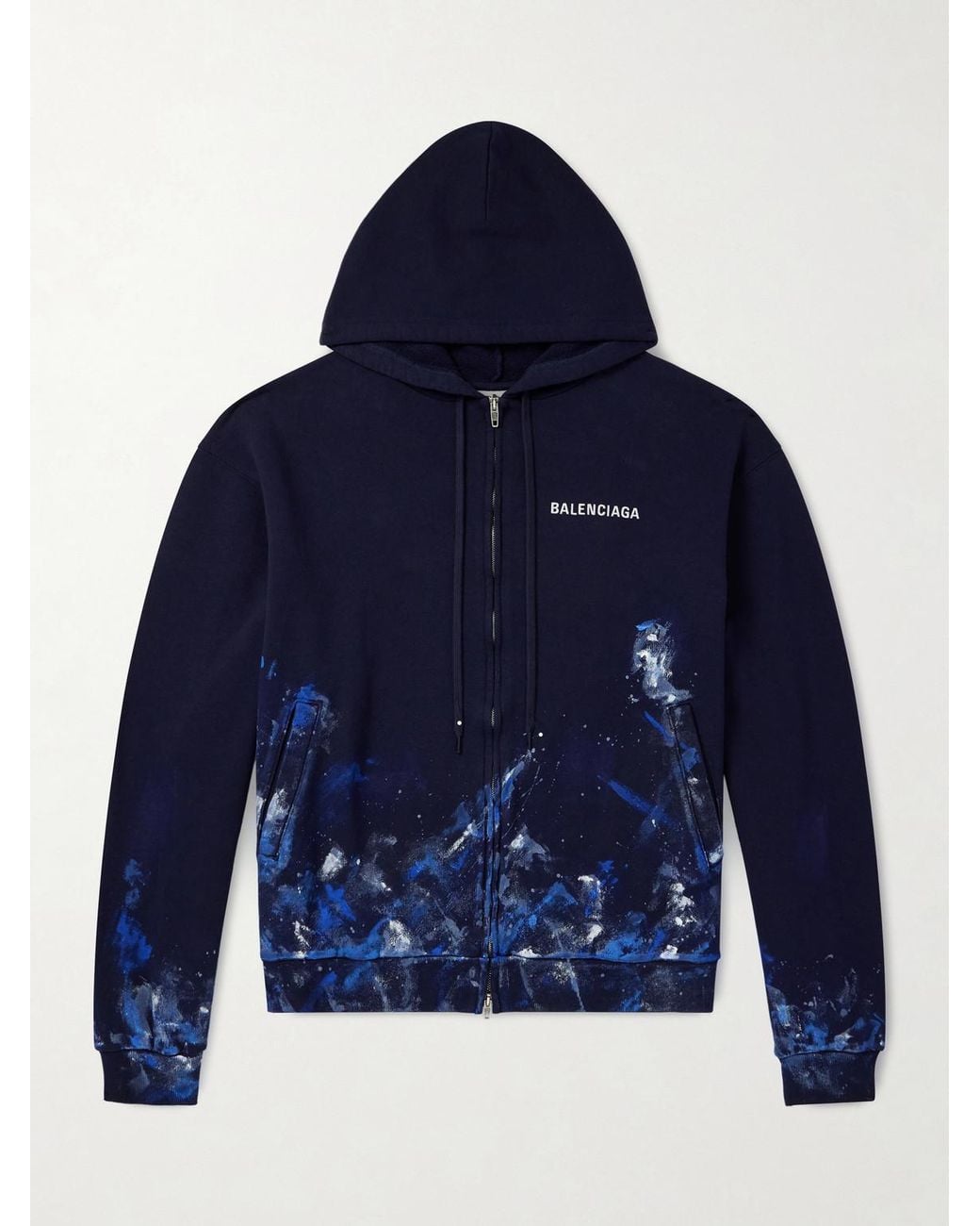 Balenciaga Blue Logo-embroidered Paint-splattered Cotton-jersey Zip-up Hoodie for men
