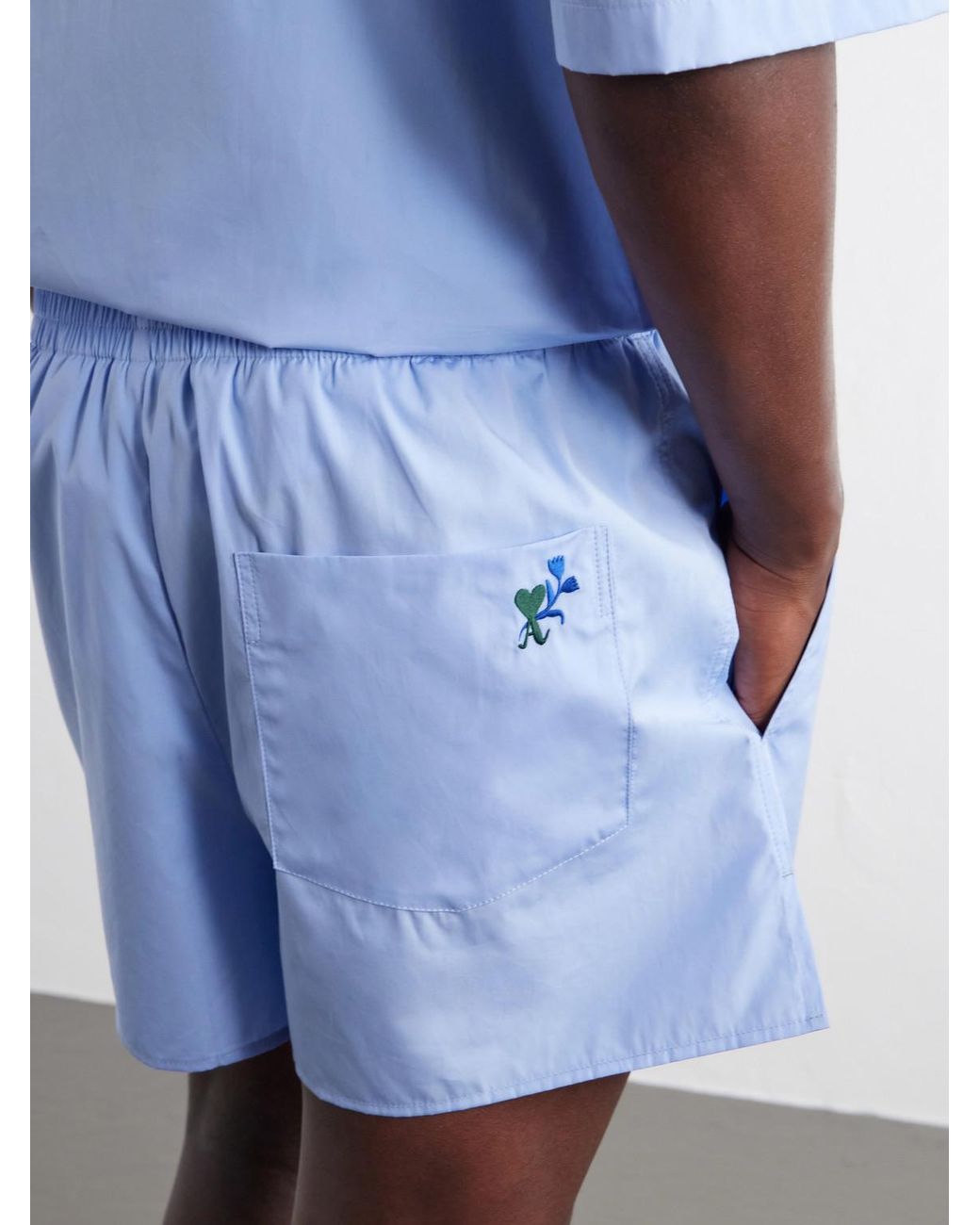 AMI Blue Straight-Leg Embroidered Cotton-Poplin Shorts for men