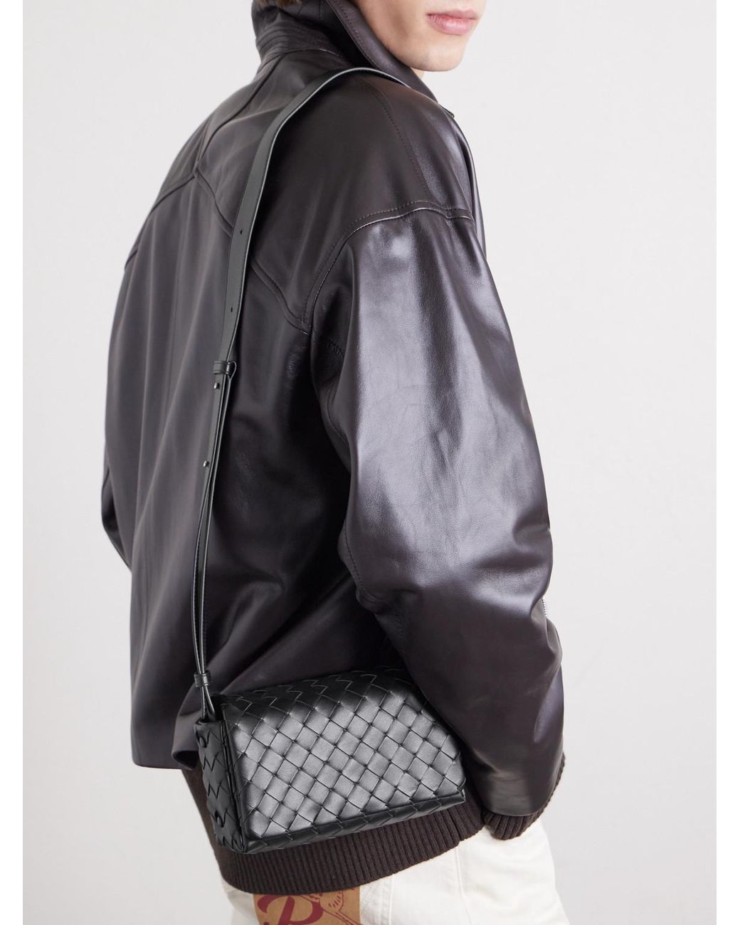 Bottega Veneta Black Intrecciato Leather Messenger Bag for men