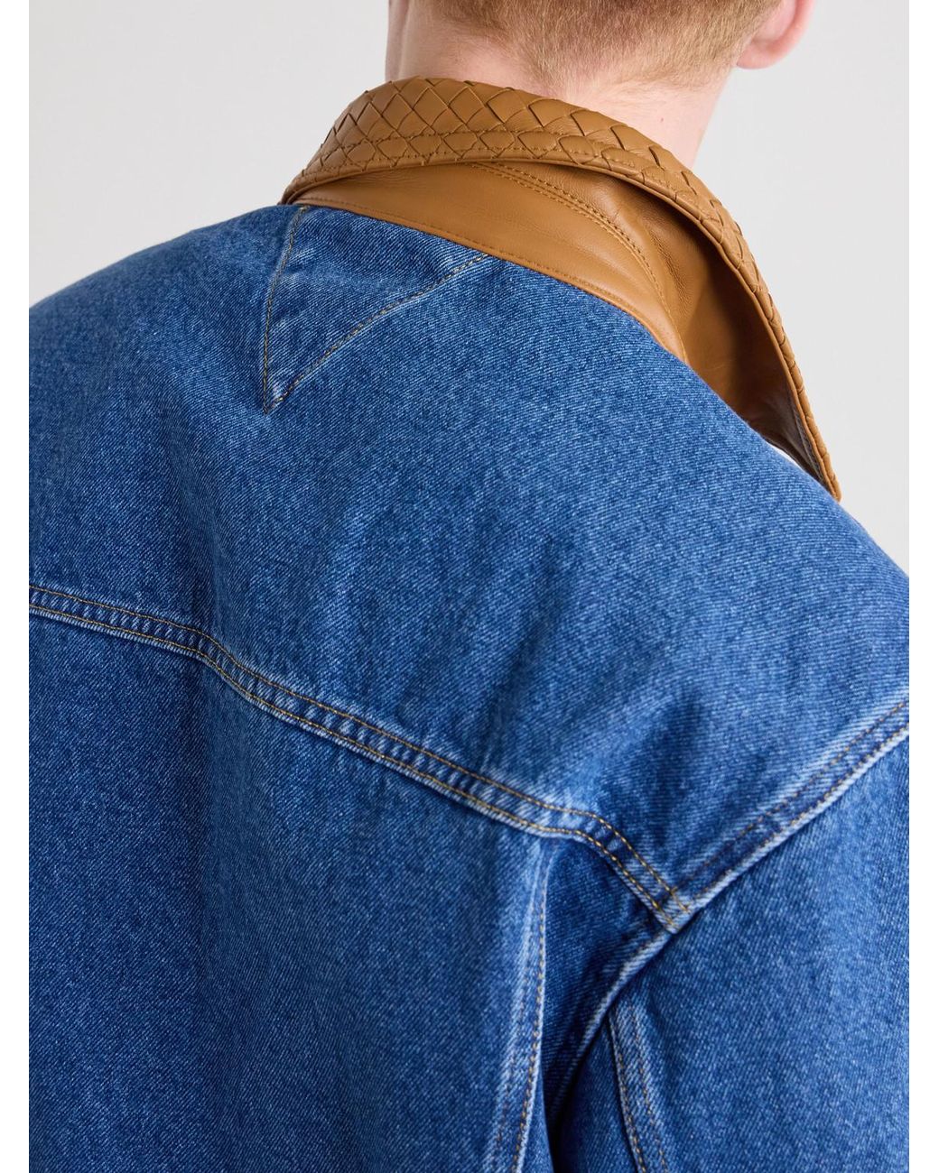 Bottega Veneta Blue Intrecciato Leather-Trimmed Panelled Denim Jacket for men