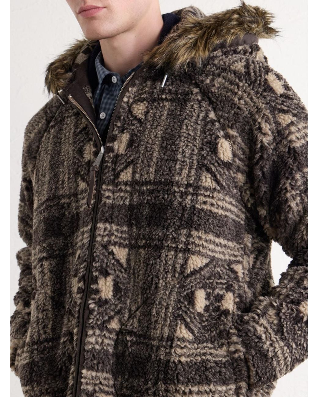 RRL Brown Hooded Plush-Trimmed Fleece Jacket for men