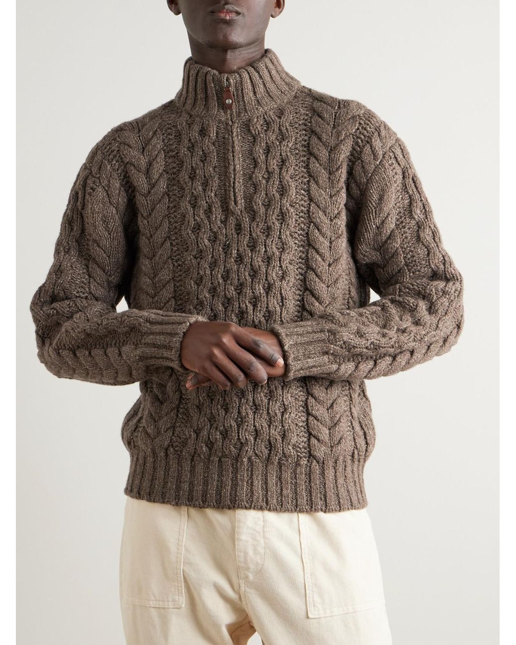 Loro Piana Brown Cable-Knit Cashmere Half-Zip Sweater for men