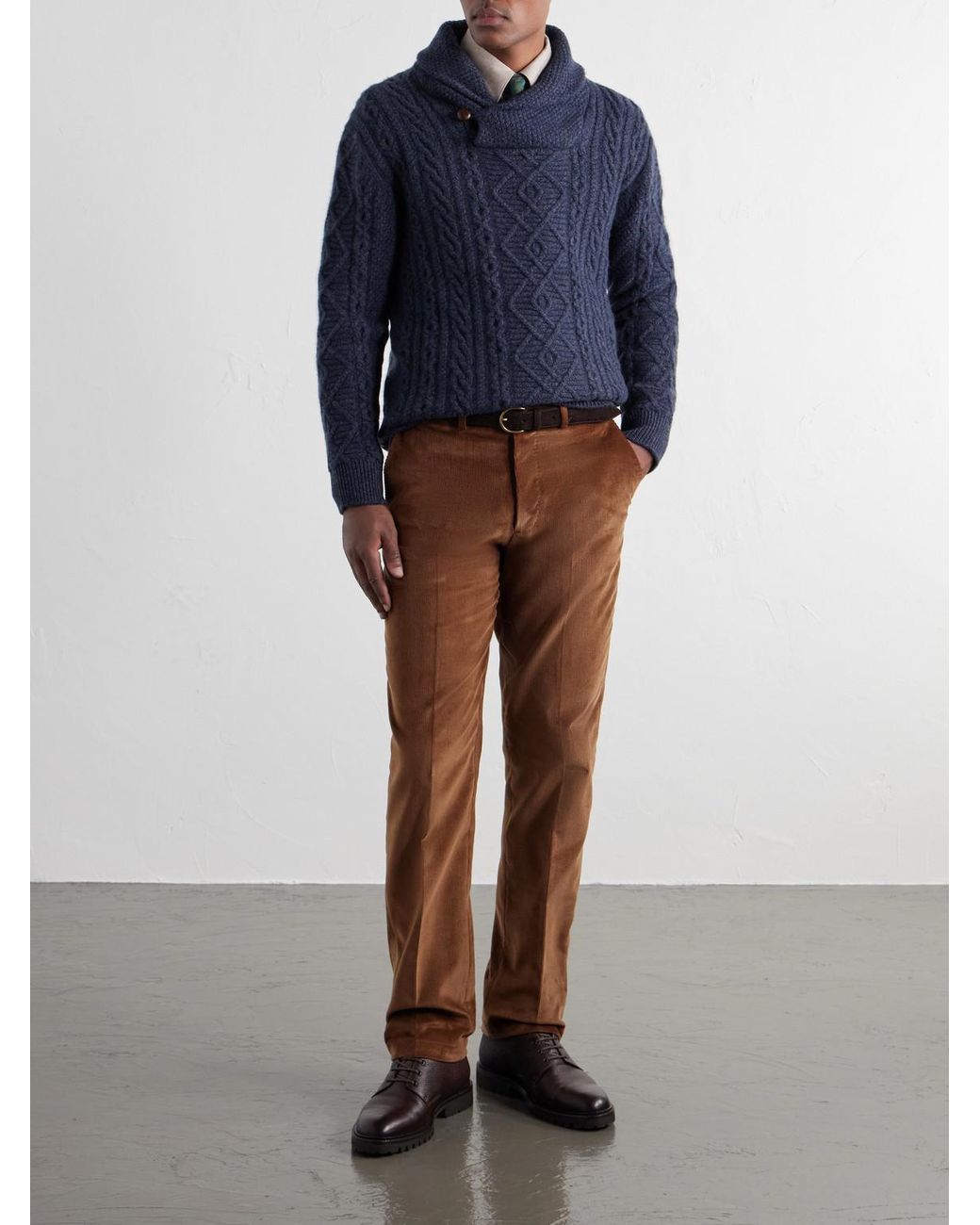 James Purdey & Sons Blue Shawl-Collar Aran Cable-Knit Wool Sweater for men
