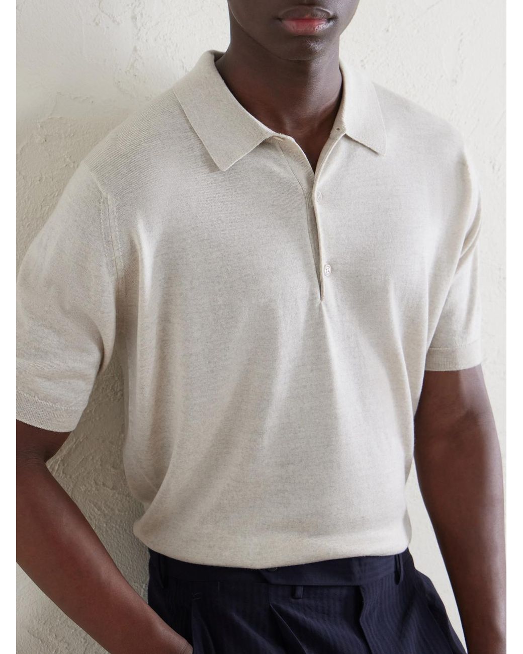 John Smedley White Macloud Knitted Merino Wool Polo Shirt for men