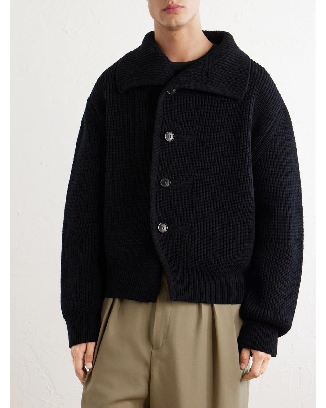 Dries Van Noten Blue Shawl-Collar Ribbed Wool Cardigan for men