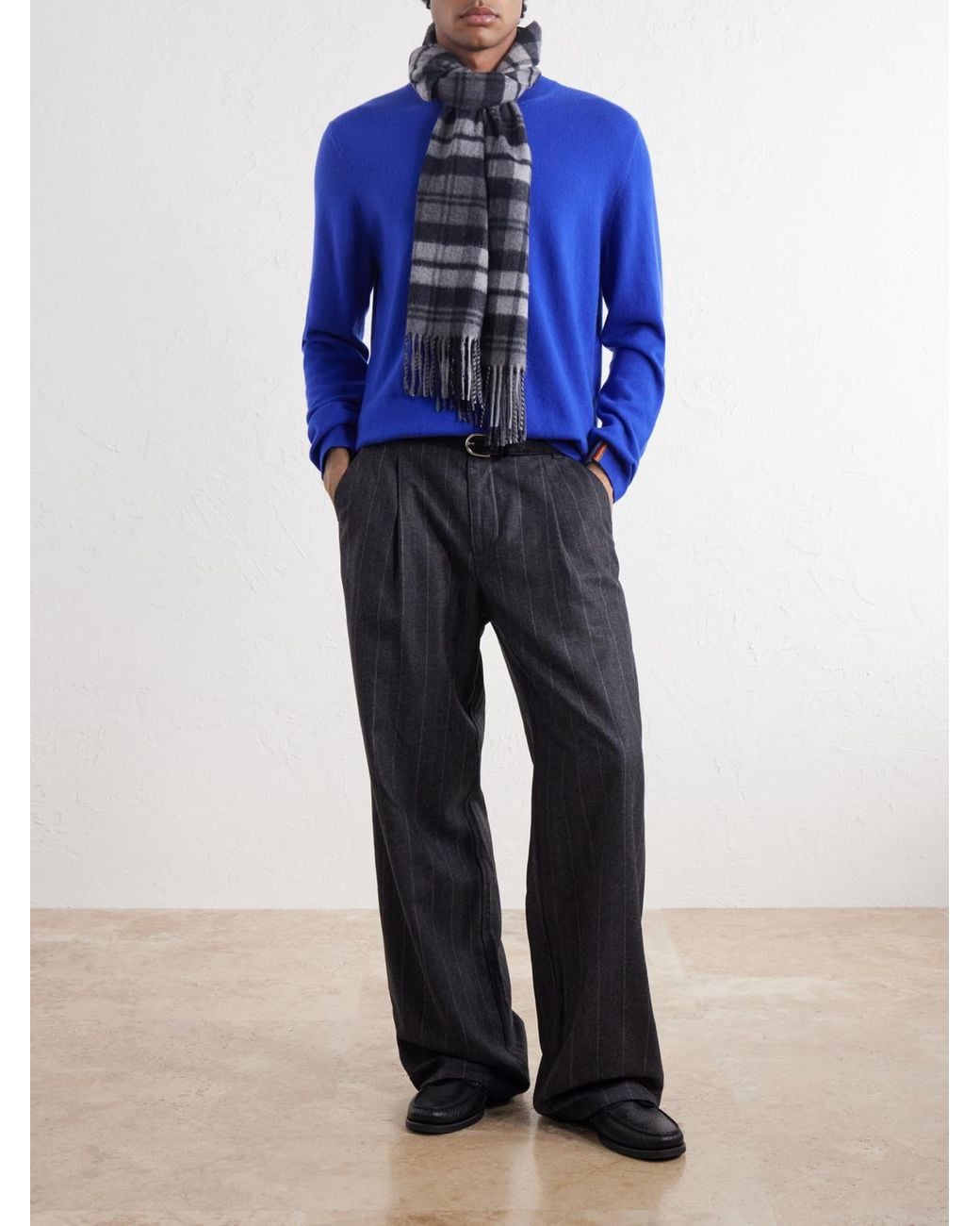 Johnstons Black Fringed Checked Cashmere Scarf for men