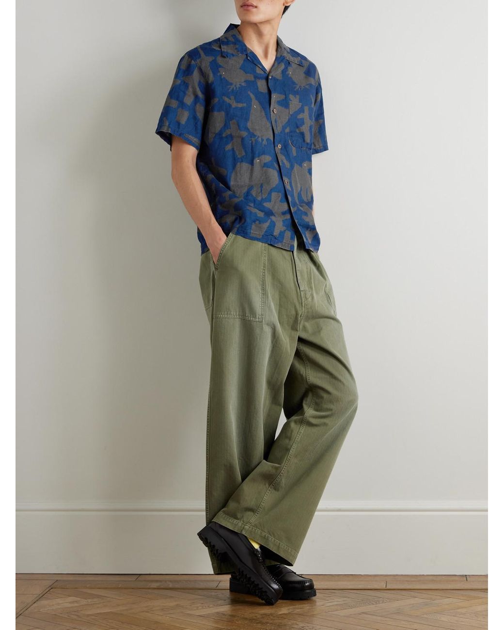 Kapital Blue Convertible-Collar Printed Linen Shirt for men