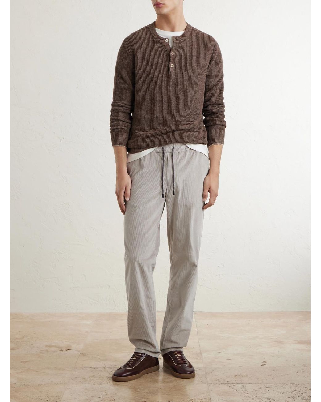 Sease Gray Mindset Slim-Fit Cotton-Blend Corduroy Drawstring Trousers for men